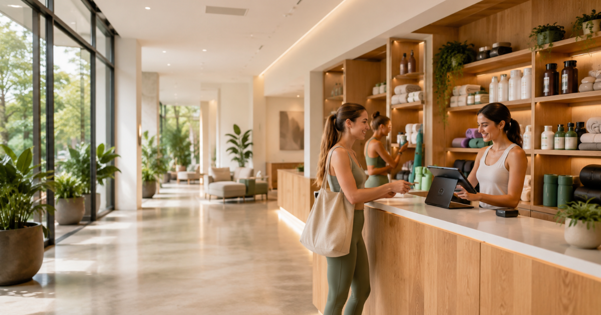 Infographic of wellness center retail strategies showing curated product selection, boutique merchandising, and sustainable sourcing.