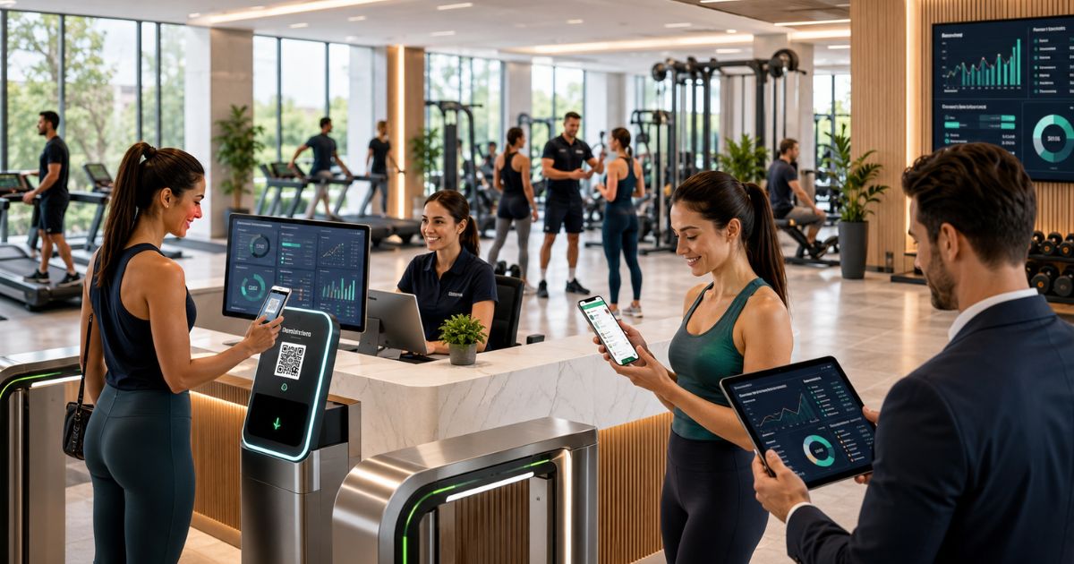 Modern gym with people using treadmills and digital fitness screens, illustrating gym retail sales and CRM technology integration for member engagement.
