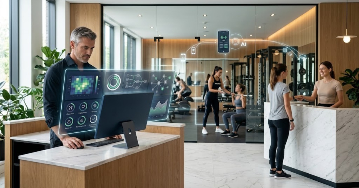 AI Churn Prediction for Gyms: Proactive Retention with Fitzpot — gym staff using an AI dashboard to analyze member data, engagement, and wellness metrics while trainers assist clients.