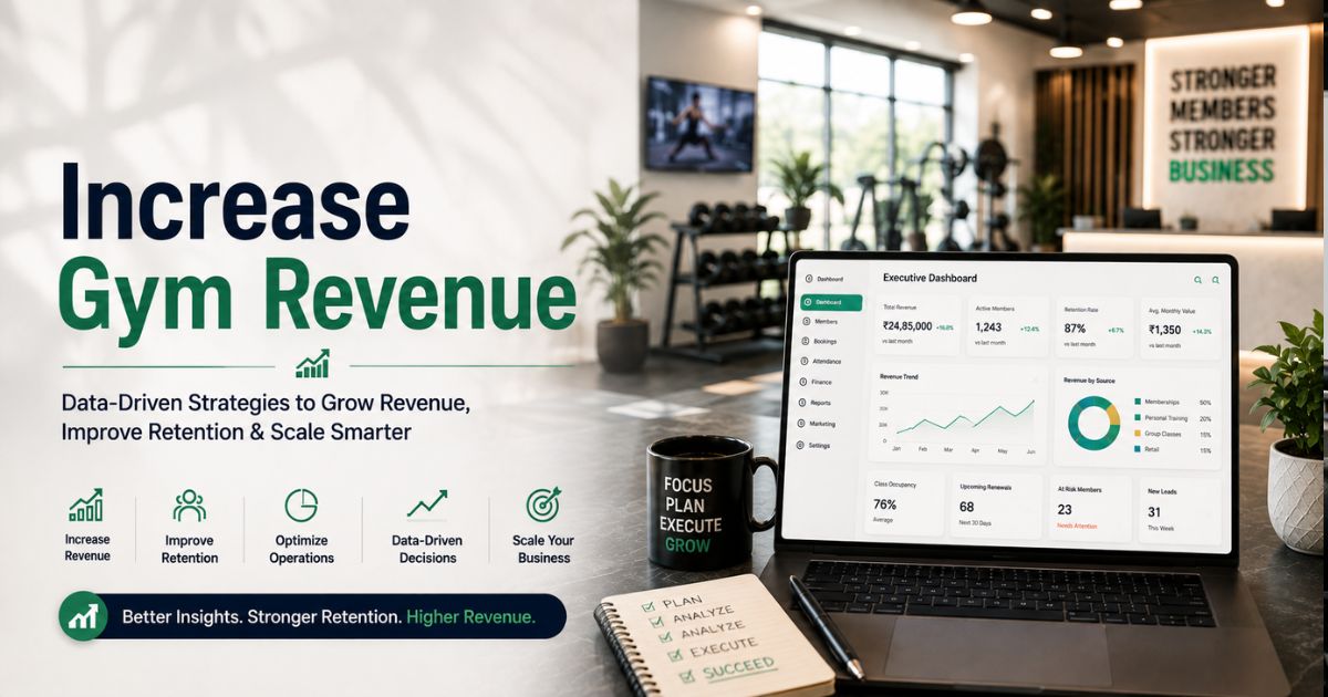 Executive dashboard showing gym and wellness business revenue growth with AI-powered analytics, predictive churn alerts, and member engagement trends.