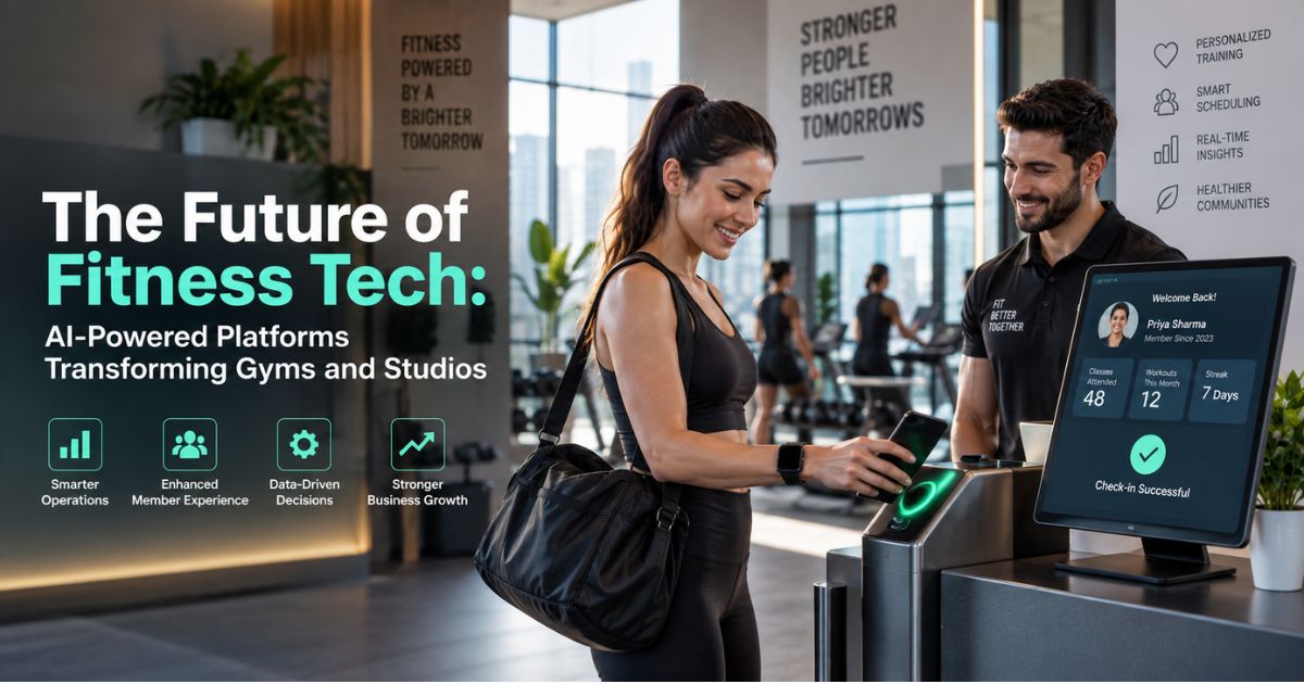 AI-powered fitness technology platform dashboard showing gym analytics, member retention scores, and automated booking/payment management